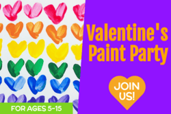 "Valentine's Paint Party" text with image of painted multicolor hearts